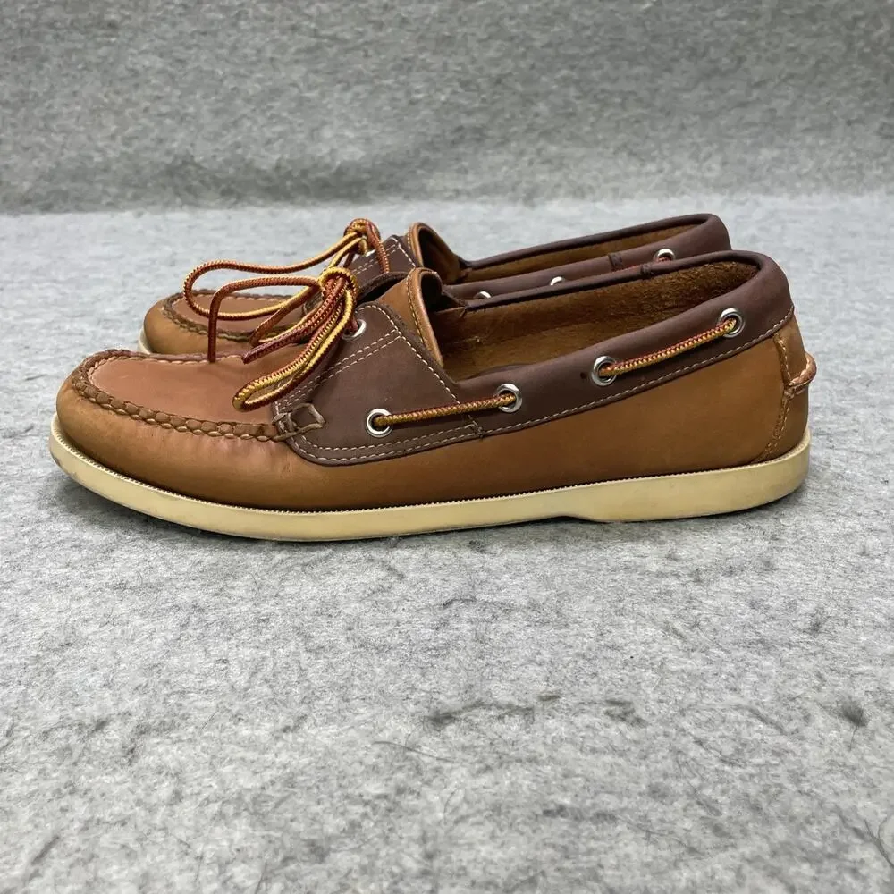 LL Bean Mens 8 D Brown Leather Boat Shoes Moc Toe Lace Up Casual